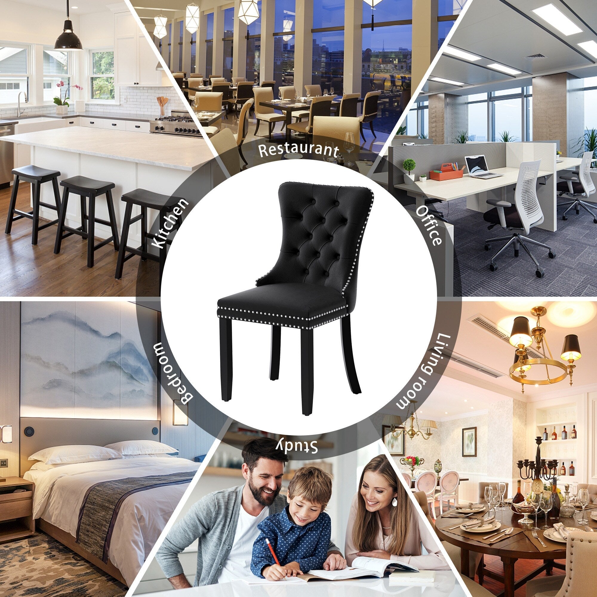 Chaise de salle à manger capitonnée en velours avec pieds en bois massif, lot de 6