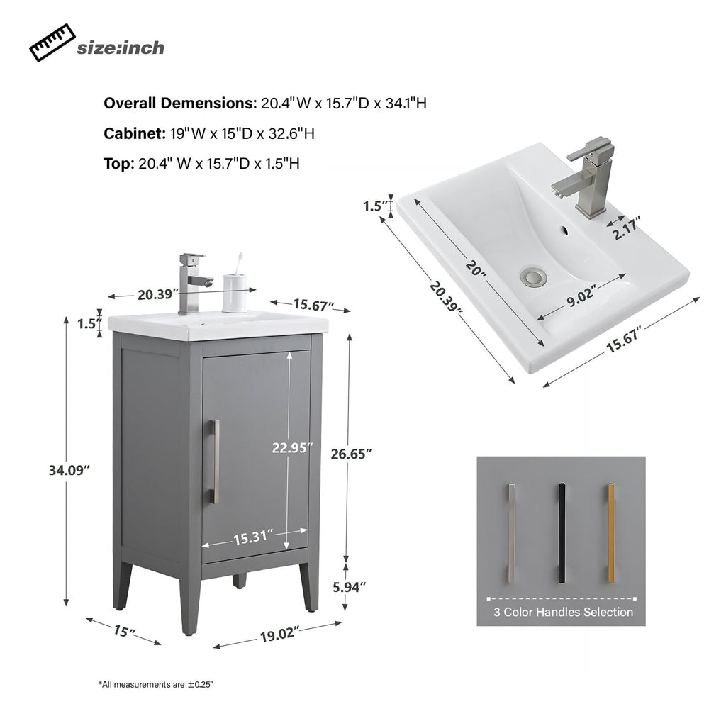 Meuble-lavabo simple Vanity Art 20, 24 ou 30 avec dessus en céramique