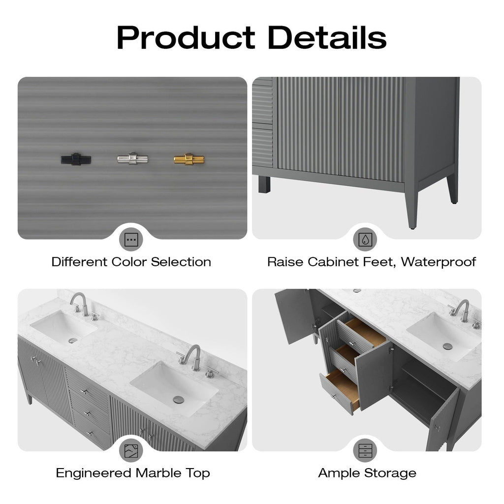 Meuble-lavabo double vasque Vanity Art 72 avec plateau en marbre reconstitué