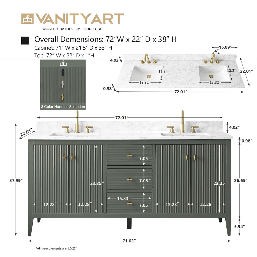 Meuble-lavabo double vasque Vanity Art 72 avec plateau en marbre reconstitué