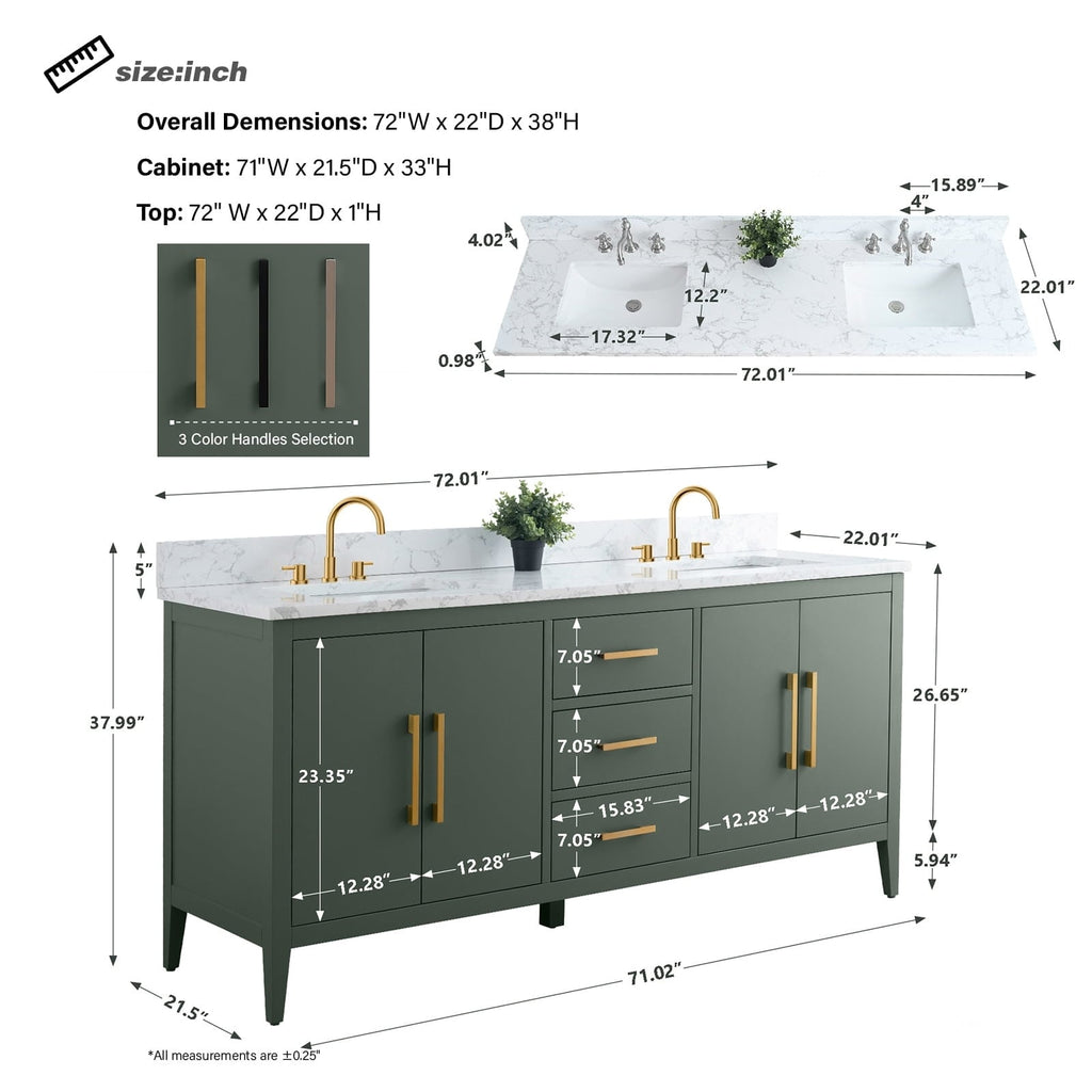 Meuble-lavabo double vasque Vanity Art 72 avec plateau en marbre reconstitué