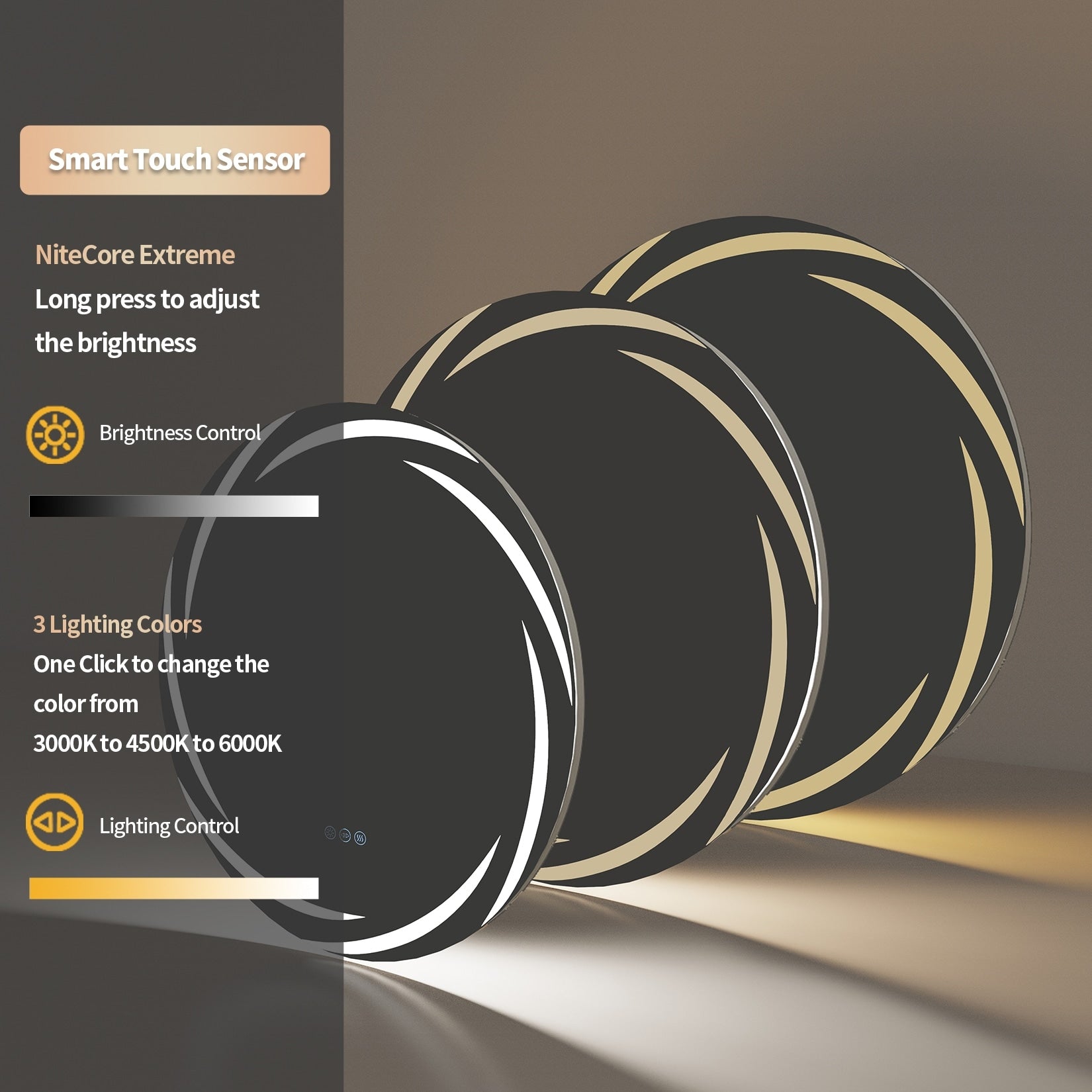 Miroir de salle de bain tactile à LED étanche, antibuée, à intensité variable